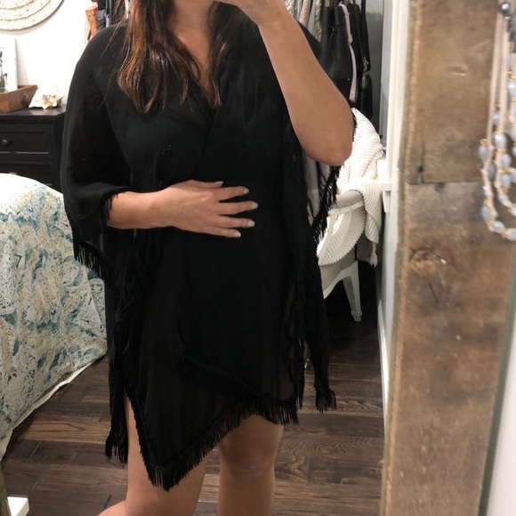 𝅺Large black tasseled fringe swimsuit kimono cover - Picture 1 of 3